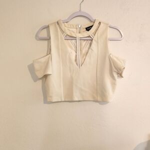 BEBE Cream Ruffled Crop Blouse with Mandarin Collar